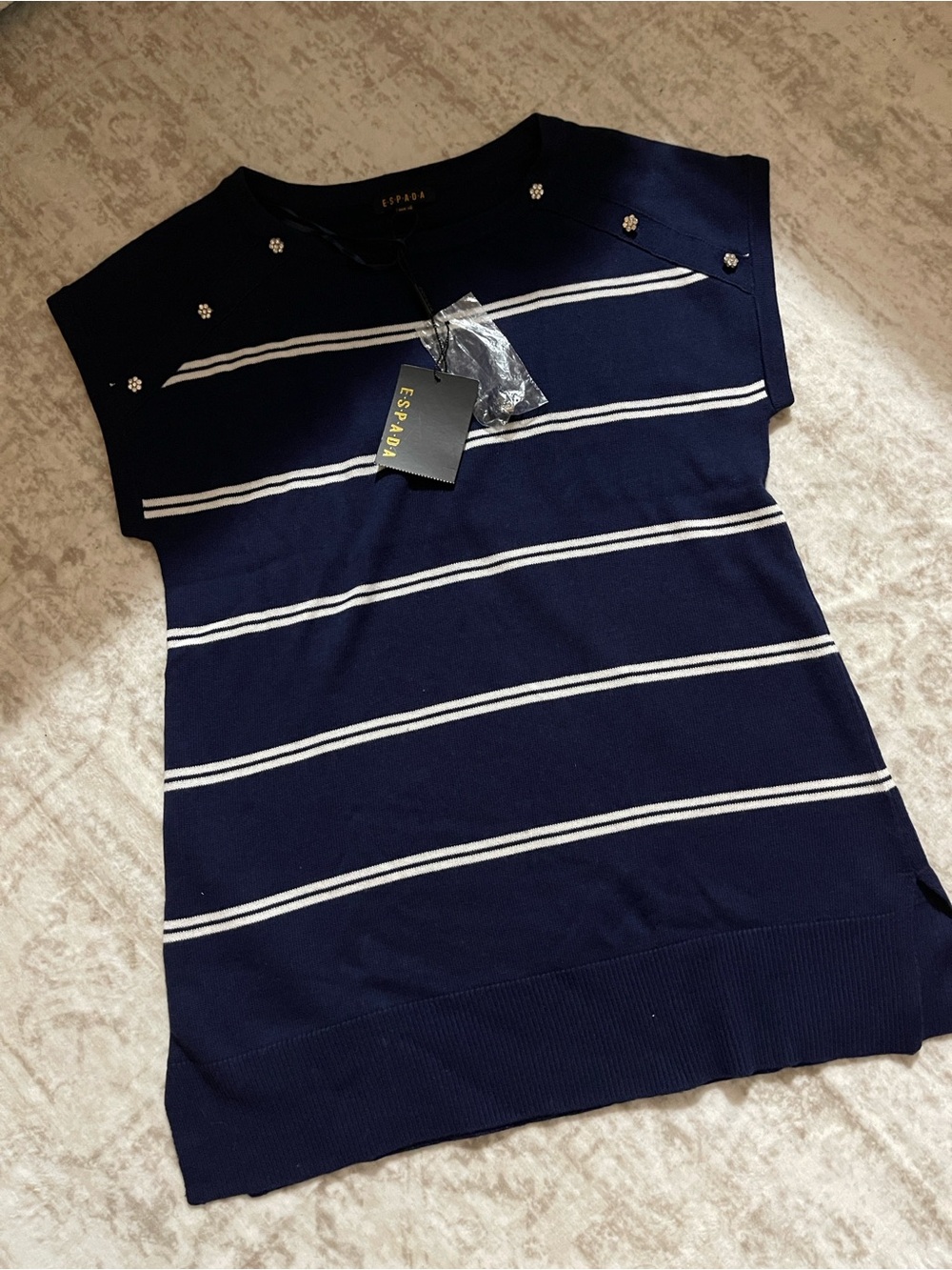 Navy and White Striped Short Sleeve Sweater Top